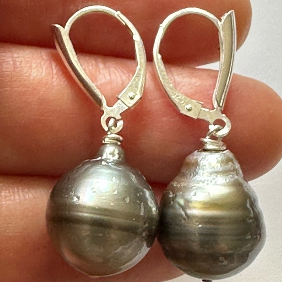13mm Wide HUGE Baroque REAL Tahitian Pearl Earrings - 925 Sterling Silver - Picture 1 of 7